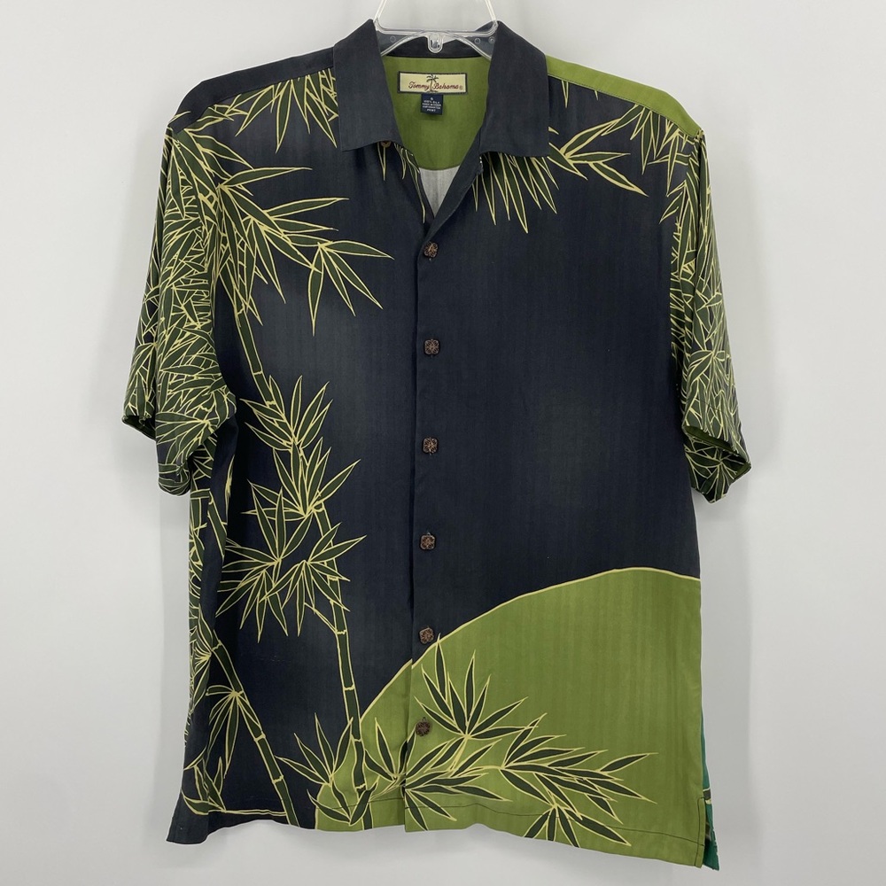*Tommy Bahama 100% Silk Hawaiian Green Bamboo Print Button Front Shirt Sz Small